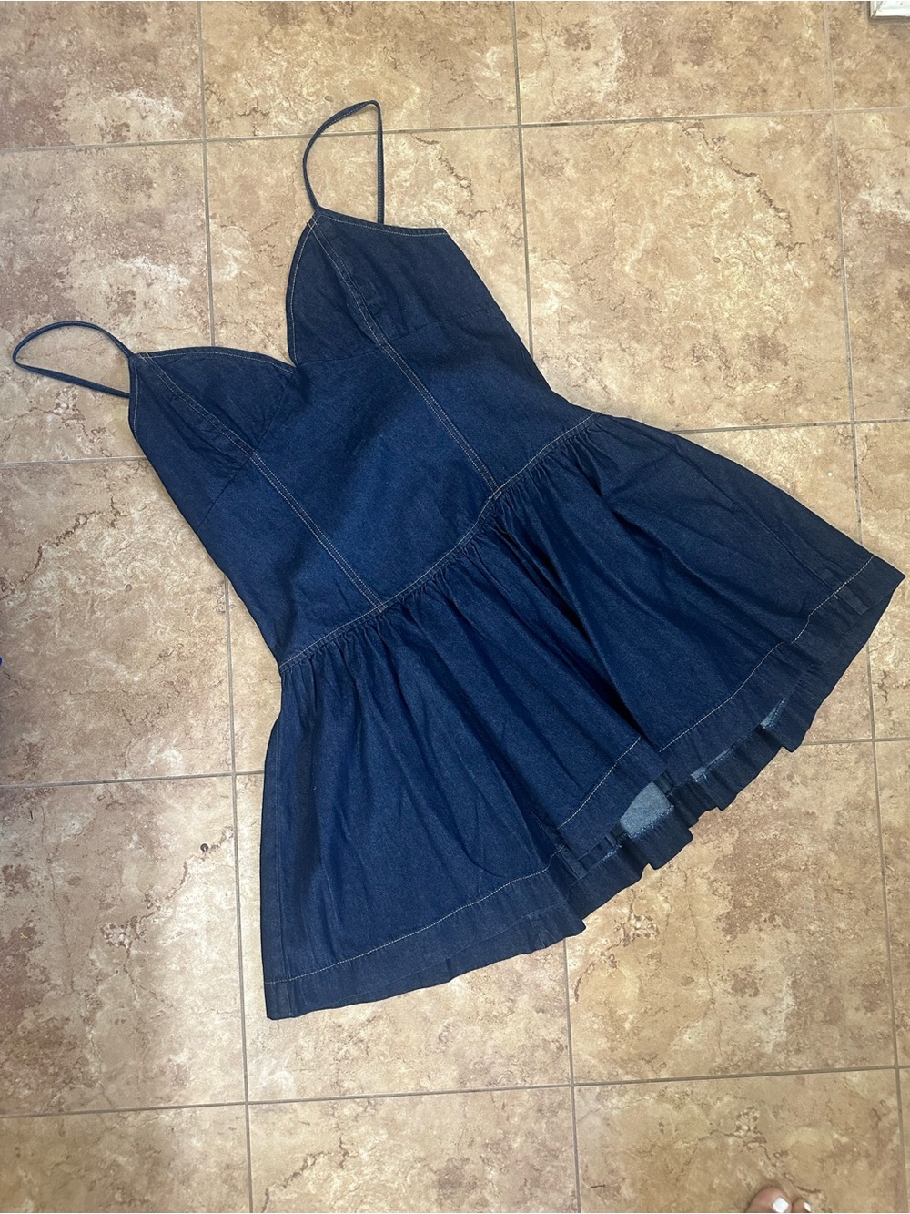 Denim Spaghetti-Strap Mini Dress - Dark Blue